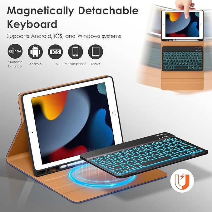 DTTO for iPad 9th/8th/7th Generation 10.2" Case 2021/2020/2019 with Keyboard, 7 Colors Backlit Wireless Detachable Keyboard Premium Leather Folio Cover with Pencil Holder & Pocket, Navy Blue