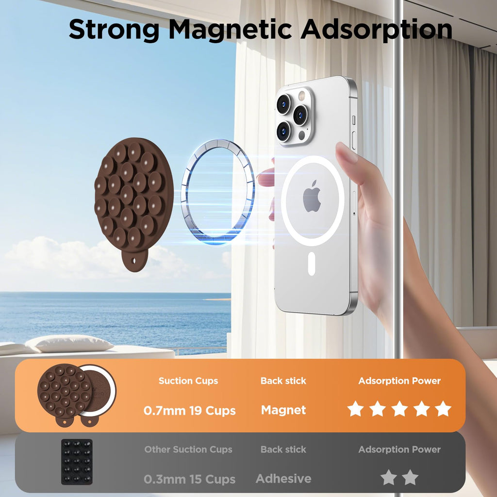 HSAOHD Magnetic Suction Cup Phone Mount with MagSafe, Silicone Hands-Free Grip Holder for iPhone Case and Android, Mirror Shower Phone Stand for Makeup FaceTime Gym Kitchen Bathroom, Chocolate