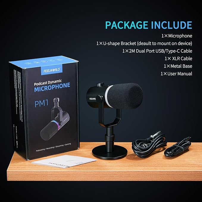 FEELWORLD PM1 XLR USB Dynamic Microphone with Desktop Stand Gifts for Podcast Recording PC Computer Gaming Live Streaming Vocal Voice-Over, Studio Metal Mic, RGB Light, Mute Button, Headphones Jack
