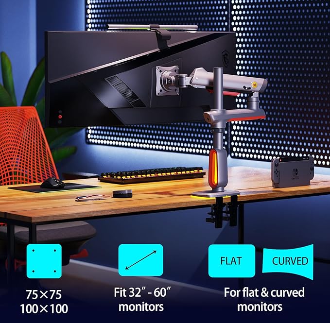 RGB Gaming Monitor-Arm for Flat/Ultrawide/Curved Monitors 32 to 60 inch, Heavy Duty Stand Load up to 20 kg, VESA 75/100 mm Monitor-Mount L70