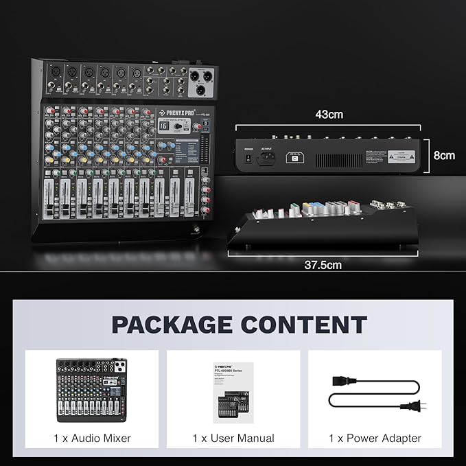 Professional 8-Channel Audio Mixer, Phenyx Pro DJ Sound Mixer Board w/Flexible AUX, BUS, SUB Routing, 16 DSP, BT Streaming & USB-B PC Recording, Mixing Console for Stage, Home Studio (PTL-800)