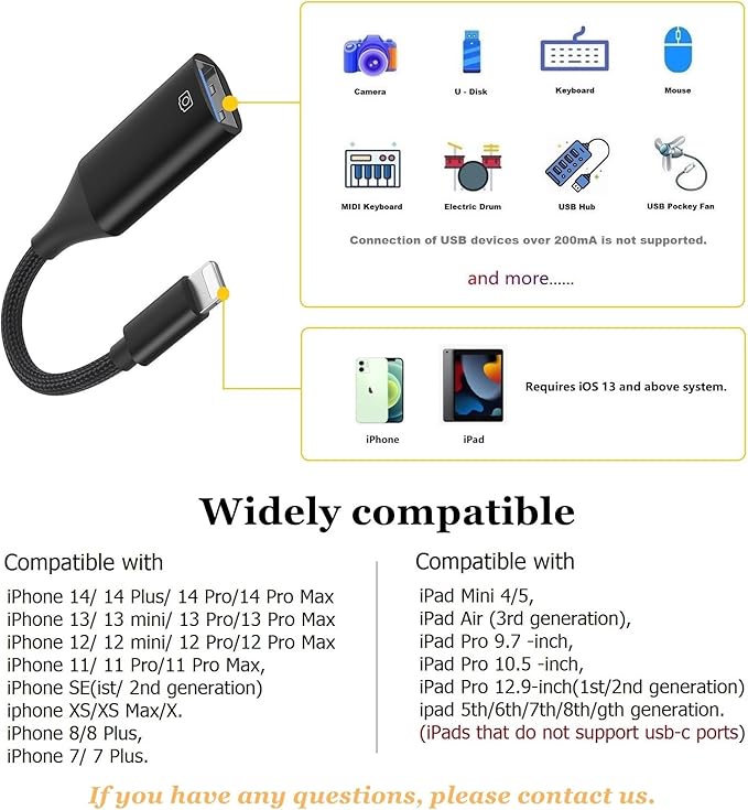 IVSHOWCO Camera Adapter for iPhone, iPad to USB OTG Cable Adapter, Supports USB Flash Drive, Card Reader, Mouse, Keyboard, MIDI