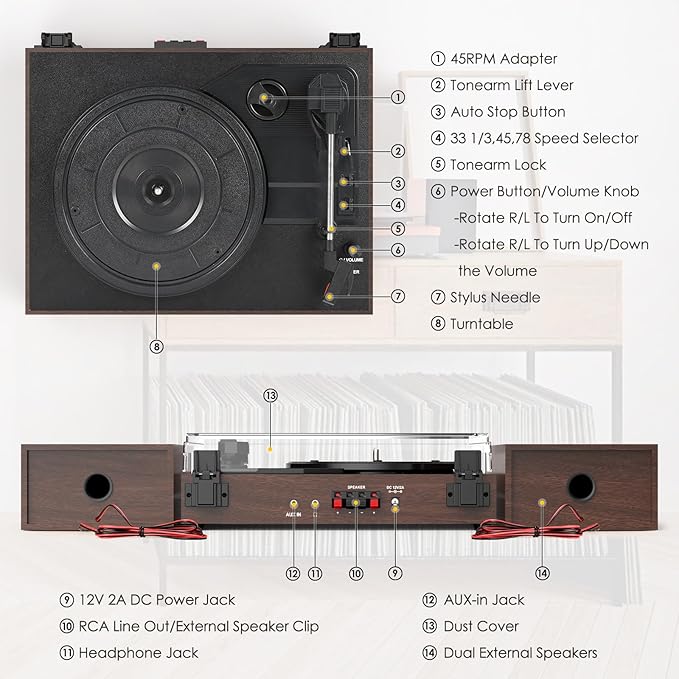Vintage Record Player for Vinyl with Dual Separate Stereo Speakers Turntable BT Wireless Input Playback Belt Drive 3 Speed 3 Size Playback Record Player Support AUX Headphone Input RCA Out Auto Stop