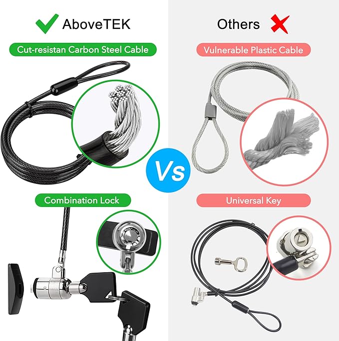AboveTEK Laptop Lock, Tablet Lock Security Cable, 2 Keys Sturdy Steel iPad Locking Kit w/Adhesive Anchors, Anti Theft Hardware Protection for iPhone Mobile Notebook Computer Monitor MacBook Laptop
