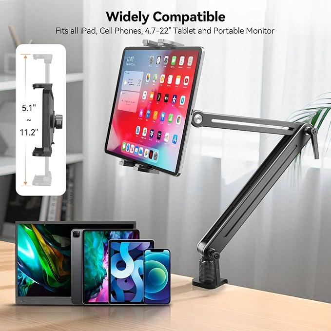 Portable Monitor Stand Desk Mount - Strong Bearing Weight Over 5.5lbs, Large Clamp Support up to 18.5 inch 360° Rotating Base Swivel Tall Desk Arm Holder for iPad Air/Pro/Mini