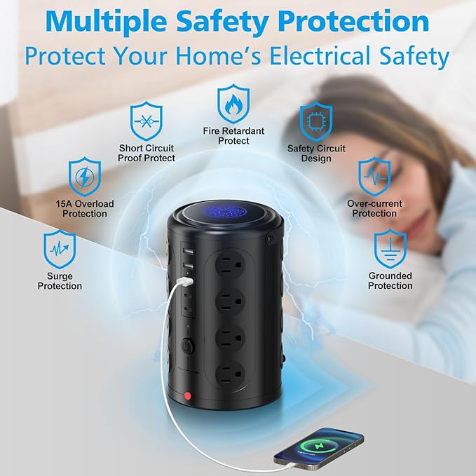 Tower Power Strip with 15W Wireless Charger, 20FT Extension Cord with Multiple Outlets, 16 AC Outlets & 5 USB (2 USB C) Charging Station Surge Protector for Office Home Dorm Room (Black)