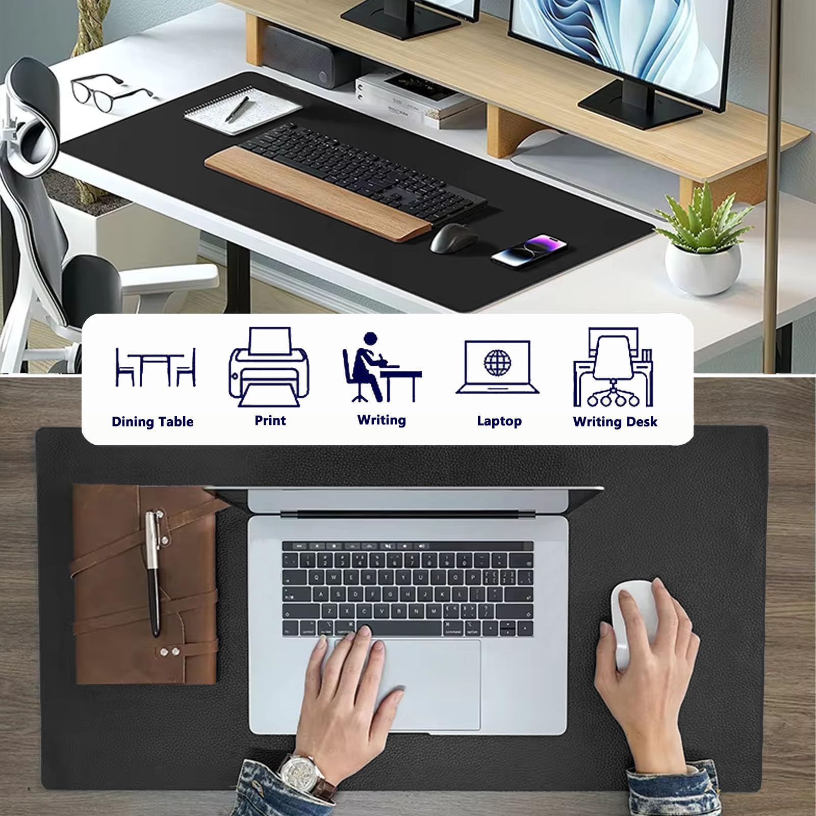 PU Leather Desk Pad Protector Gaming Mouse Pad Non Slip Desk Mat for Keyboard and Mouse Waterproof Desk Writing Pad for Office and Home Desk Accessories(Black, 47.2 * 17.7)