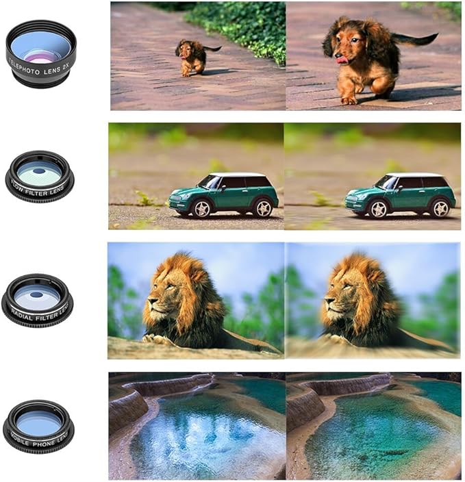 Cell Phone Camera Lens Kit,11 in 1 Super Wide Angle+ Macro+ Fisheye Lens +Telephoto+ CPL+3/6 Kaleidoscope+Starburst/Radial/Soft/Flow Filter Lens Compatible for iPhone X/8/7/6s/6 Plus, Samsung,Android