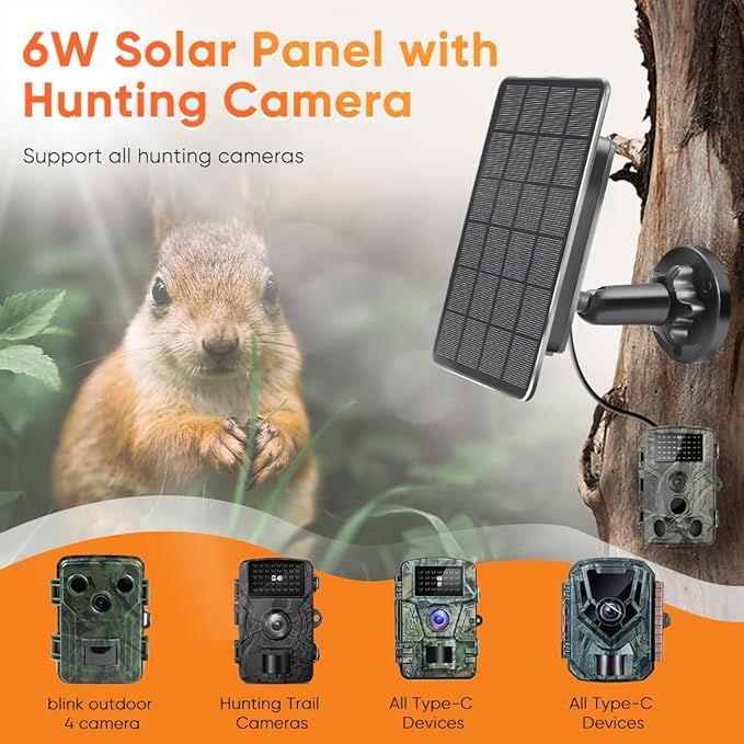 Solar Panel for Trail Camera,6W Solar Kit Build-in 5000mAh Rechargeable Battery, Hunting Accessories for IP66 Waterproof, 5W Solar Power for Trail Camera
