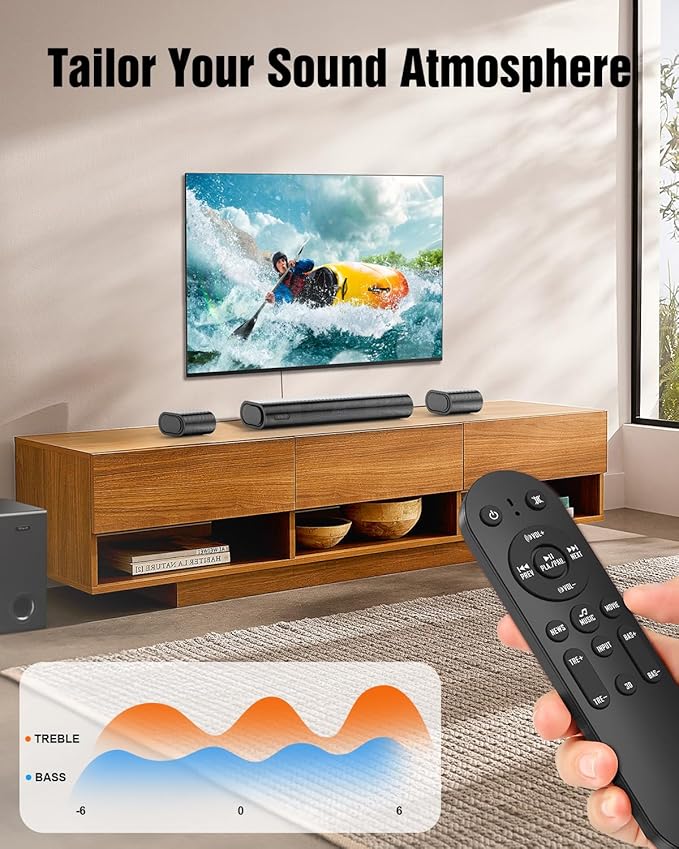 Hiwill 4.1ch Sound Bar with Dolby Atmos, 300W Sound Bar for Smart TV with Subwoofer, 2 Front Surround Speakers, Soundbar for TV Speaker, Adjustable Bass, Surround Sound System for TV, HiElite A41