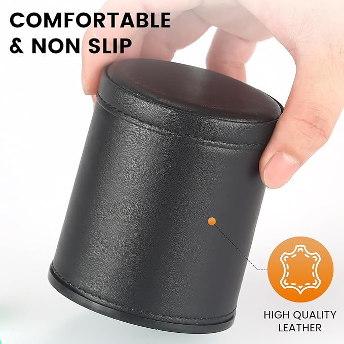 RERIVER 5 Pack PU Leather Dice Cups Velvet Felt-Lined Shaker Cups with 30 Dot Dice for Bar Party Yahtzee Farkle Dice Games