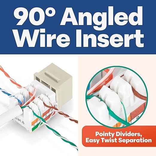 Everest 90° Angled RJ45 Cat6 Keystone Jacks 20-Pack in Ivory - Slim Profile Female RJ45 Connectors - Cat 6 Keystone Jack - Compatible with 90° Angled Speed Termination Tool - easyJACK (B094WB91H3)