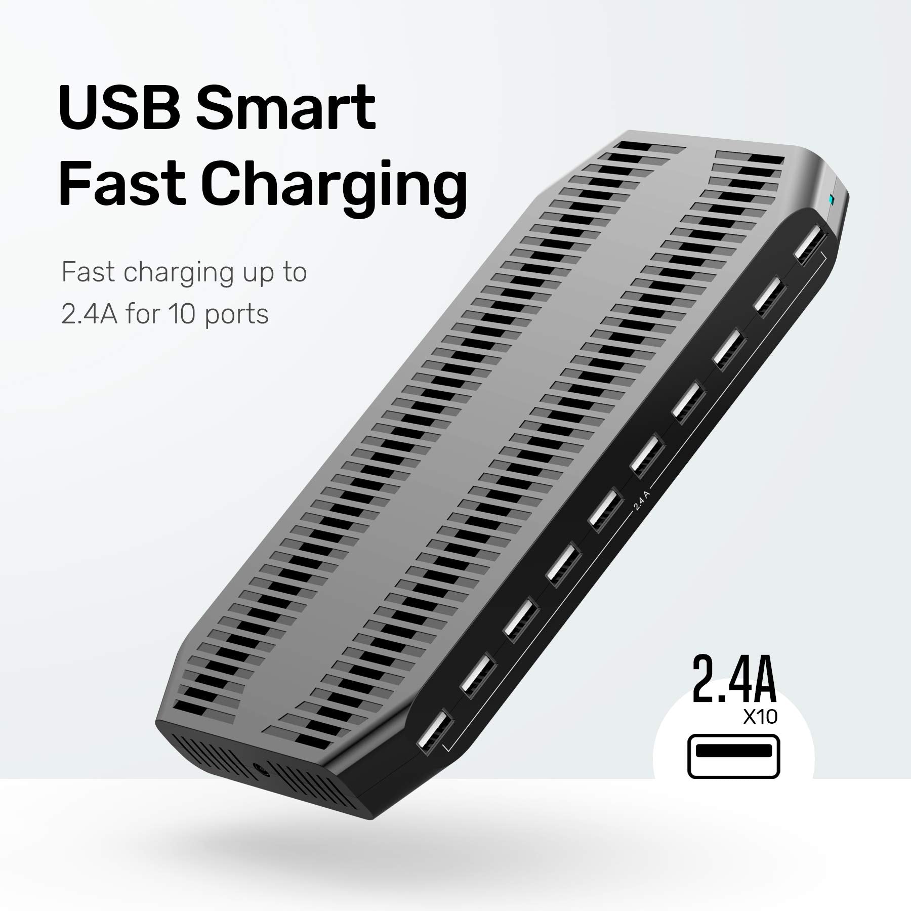 【10PCS】 Unitek Multi Charging Station, 10-Port USB Charger for Multiple Device with SmartIC Tech and Adjustable Dividers, Organizer Stand Compatible with iPad, Tablet, Kindle, iPhone - 10PCS, Black