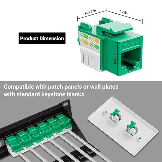 Iwillink Cat6 Keystone Jack and Punch-Down Stand, 50-Pack, RJ45 Ethernet Jack, 90-Degree UTP Modular Punch Down Adapter, Green