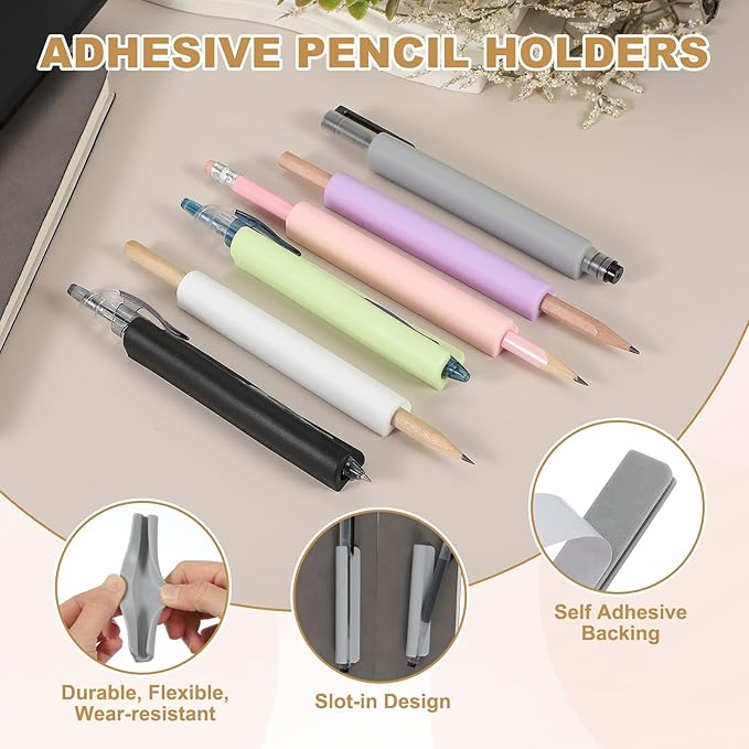 PATIKIL 2 Pcs Adhesive Pencil Holders, 105mm Long Universal Pencil Clip Silicone Pen Holder Office Pen Organizer for Desk Wall Clipboard Notebook Tablet Case Stylus, White