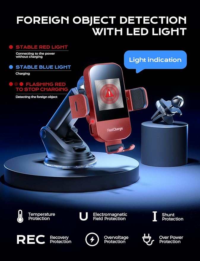 CHGeek Wireless Car Charger, 15W Fast Charging Auto Clamping Car Charger Phone Mount Phone Holder fit for iPhone 15 14 13 12 11 Pro Max Xs, Samsung Galaxy S25 Ultra S24 S23 S22, S21, S20, Red