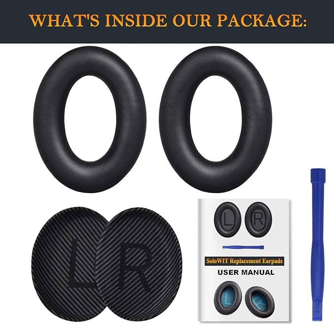 SoloWIT Replacement Earpads Cushions for Bose QuietComfort 35 (QC35) & Quiet Comfort 35 II (QC35 ii) Headphones, Ear Pads with Softer Leather, Noise Isolation Foam, Added Thickness (Black)