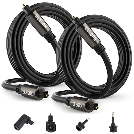 Elecan Optical Audio Cable 4 Ft/2 Pack Digital Audio Toslink Cable Cord-Fiber Optic-Gold Plated-Flexiable&Durable-for Home Theater,Sound Bar,PS4& Xbox-with Right Angled+Mini Toslink Adapters+Ties