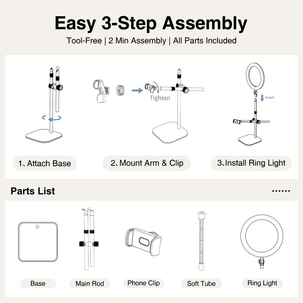 Overhead Phone Mount, Overhead Camera Mount Stand [Anti-Shaking] with 10.5" Ring Light, Desk Stand for iPhone with Ring Light for Video Recording, Zoom Meeting, YouTube, TikTok