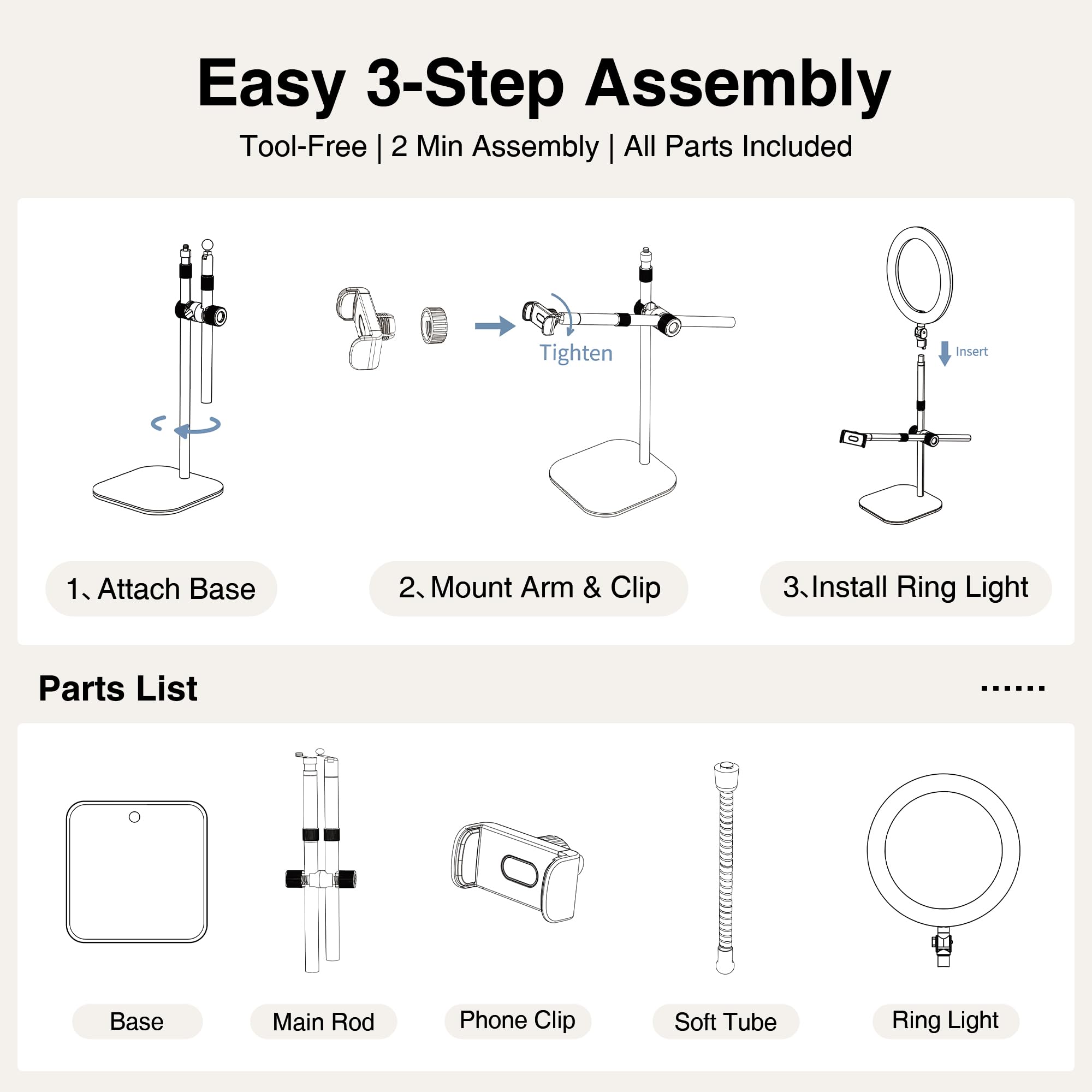 Overhead Phone Mount, Overhead Camera Mount Stand [Anti-Shaking] with 10.5" Ring Light, Desk Stand for iPhone with Ring Light for Video Recording, Zoom Meeting, YouTube, TikTok