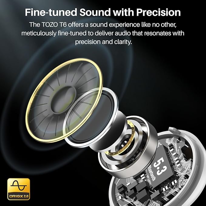 TOZO T6 Wireless Earbuds, Bluetooth 5.3 Ear Buds, Stereo Sound in Ear Headphones, 50 Hours Playtime, Wireless Charging Case, APP Customizable EQs, IPX8 Waterproof Earphones