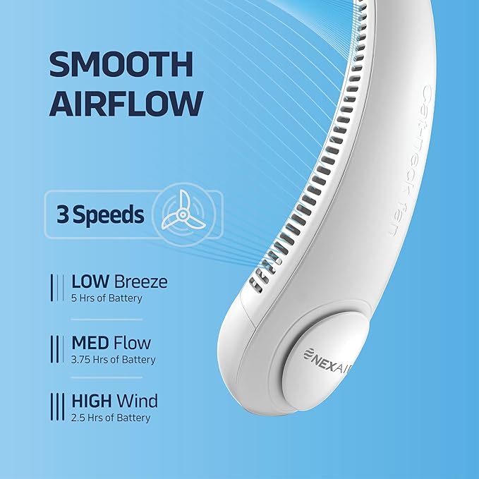 Portable Neck Fan - 3 Speed Rechargeable Bladeless Neck Fan, Adjustable Personal Neck Fan For Women & Men Modern Design, Great Cooling Fan For Travel, Outdoors & Sports