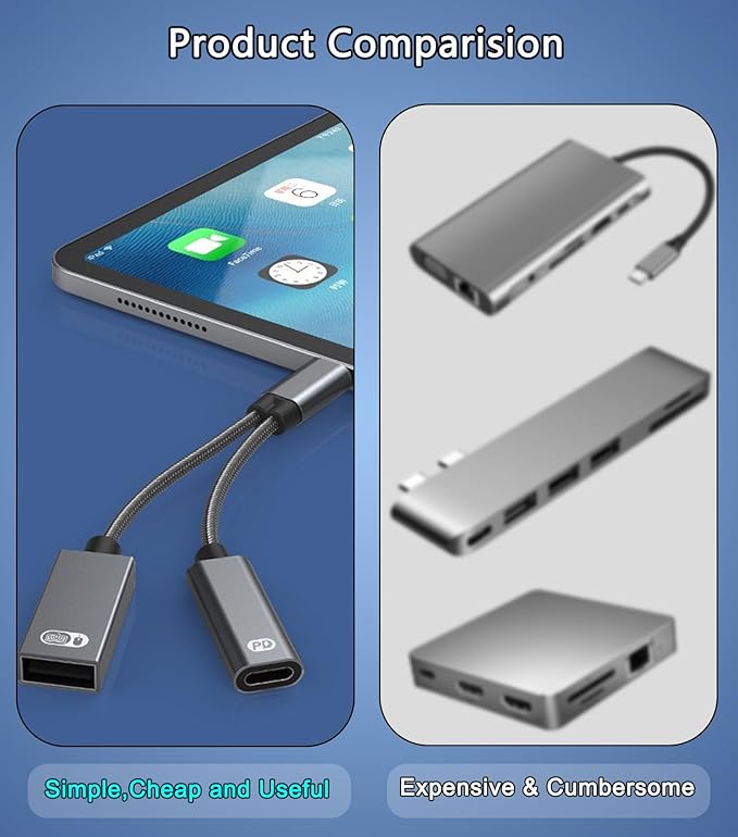 USB C to USB OTG Adapter, 2 in 1 USB C Splitter with PD 60W Charging Port and USB 3.0 Female Port Compatible wit iPhone 15 Pro, MacBook Pro,Chromebook, Galaxy and More Type-C Devices