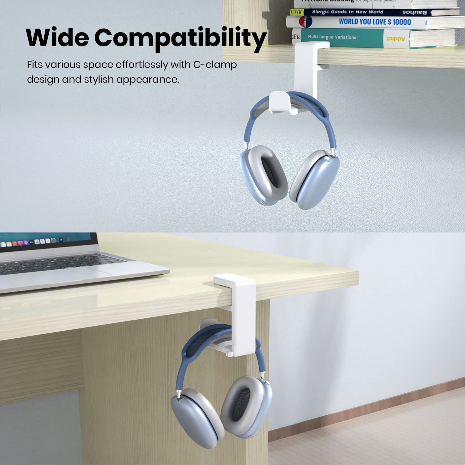 EURPMASK PC Gaming Headset Stand - Adjustable Clamp-on Headphone Holder, 360 Degree Swivel & Cable Clip Organizer - White
