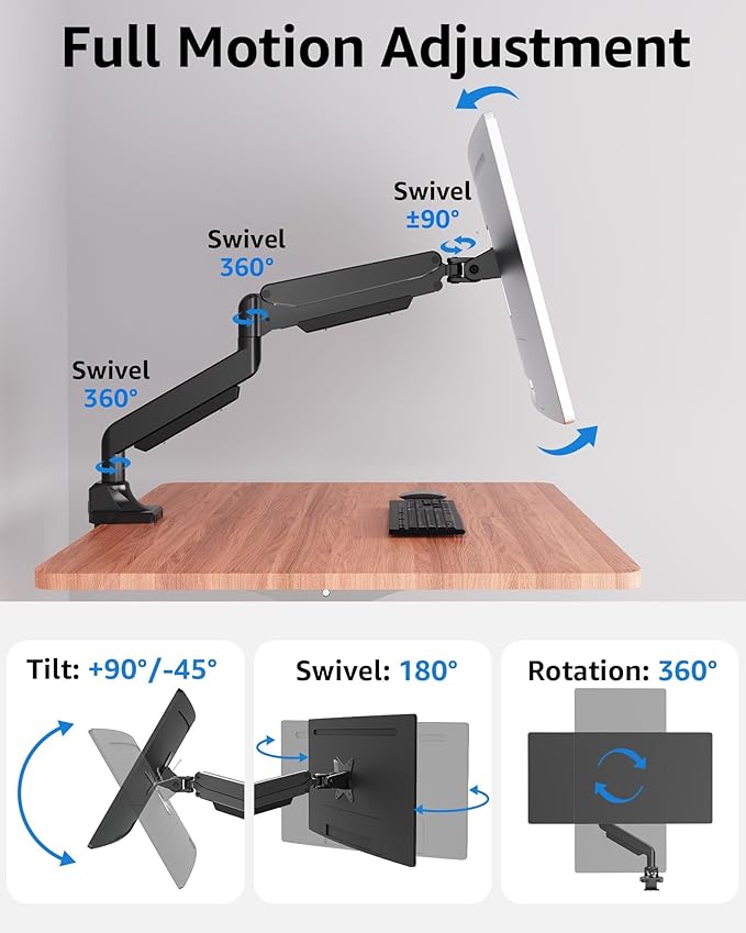 MOUNTUP Single Monitor Mount fits 22''-43'' Ultrawide Screen, Holds 6.6-33lbs, Computer Monitor Arm Desk Mount, Heavy Duty Gas Spring Monitor Stand for Flat/Curved Screen, with C-clamp/Grommet Base