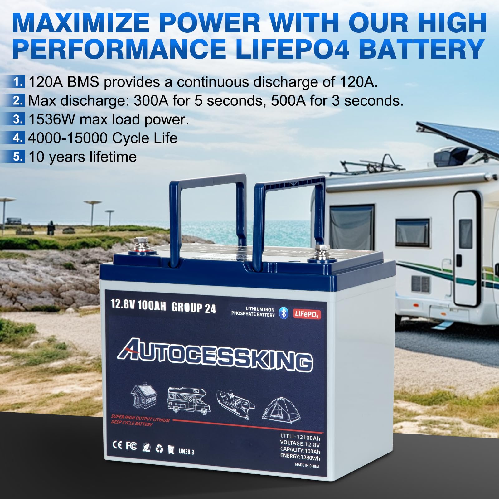 Autocessking 12V 100Ah BCI Group 24 Bluetooth LiFePO4 Battery, 120A BMS Rechargeable Mini Lithium Battery with Low-Temp Protection, Up to 15000 Cycles Perfect for RV, Camping, Solar, Off-Grid and Boat