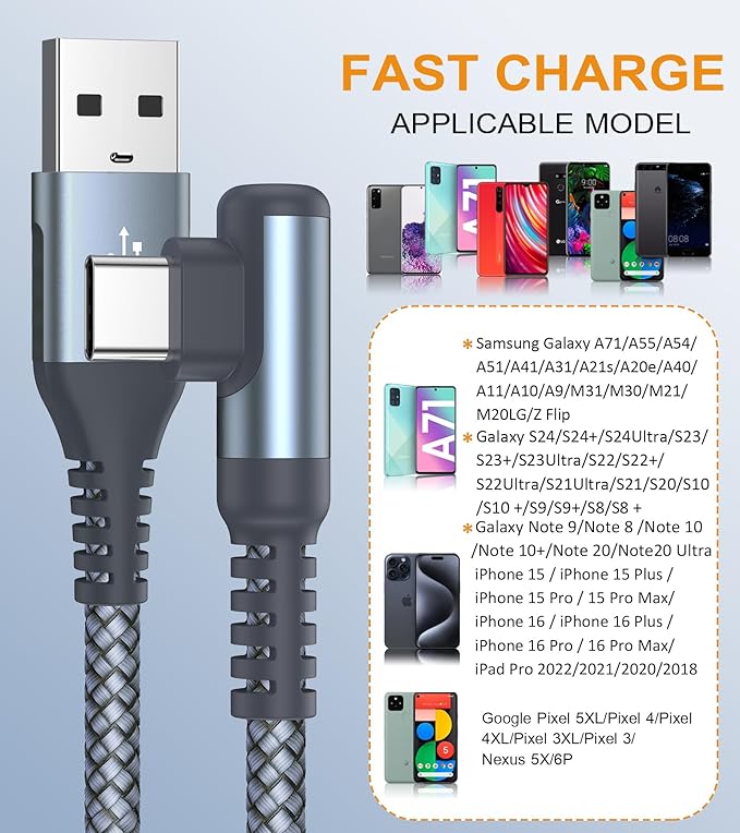 sweguard USB C Cable Right Angle [3Pack, 10FT+6.6FT+6.6FT], USB Type C iPhone 16 Charger Cable Nylon Braided Cord for iPhone 15 16 Pro Max Plus, Samsung Galaxy S25 S24 S23 S22 S21 S10 Note 20 10, Moto