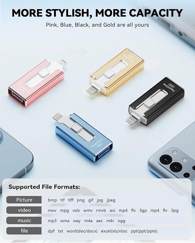 MFi Certified 256GB Flash Drive for iPhone iPad, Photo Stick for External Memory Storage, Easily Back Up and Save Photos Videos, USB Memory Stick Thumb Drive for iPhone/iPad/Android/PC (Black, 256GB)