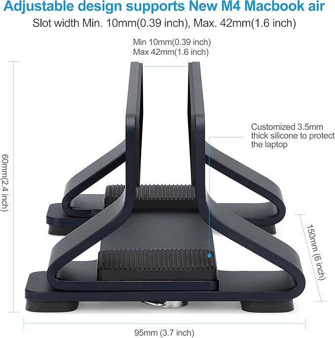 Aluminum Vertical Laptop Stand Dock Holder, Adjustable Slot Width 12-42mm, Space-Saving Upright Storage for MacBook and Laptops