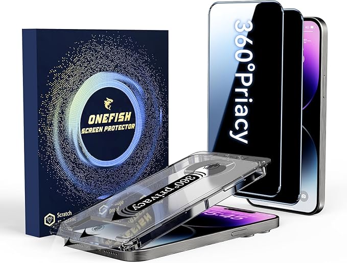 OneFish for iPhone 15 Pro Max Privacy Screen Protector, 4-Way 360° Anti-Spy Tempered Glass, 9H Hardness, HD Clear Anti-Fingerprint 3D Curved Edges, Case-Friendly & Easy Installation [2 Pack]