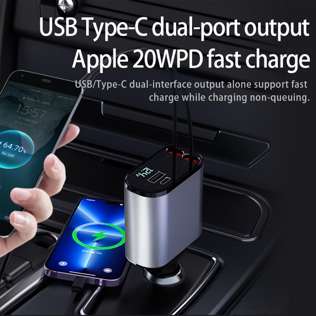 Retractable Car Charger，4 in1 Fast Car Phone Charger with Dual Retractable Cables and 2 Charging Ports (Type C+Lightning Retractable Cords)