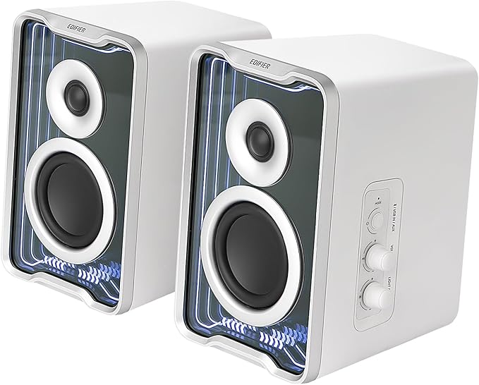 Edifier QR30 2.0 Desktop Active Speaker, Compact Bluetooth V5.4 Computer Speakers, Wireless Bookshelf Speaker, 30W (RMS), 3.5mm AUX & USB-A Wired Input, Dynamic Light Effects, App Control, White