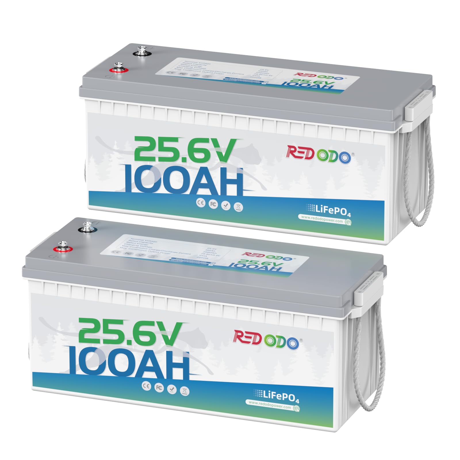 Redodo 24V 100Ah LiFePO4 Lithium Battery, 2560W Power, 100A BMS, Up to 15000 Deep Cycles Perfect for Solar Off-Grid System, Marine, Trolling Motor, Backup Power, 2 Pack