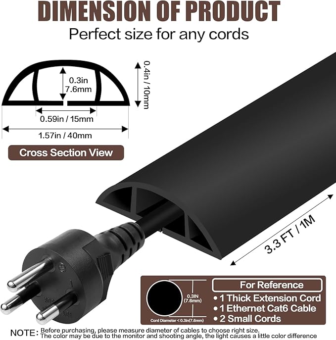 Floor Cord Cover Self Adhesive Cord Hider,3.3FT Cable Management, Extension Strip Protector for Wires, Prevent Cable Trips for Offices, Gyms, Exhibitions Cavity:0.51"(W) x 0.3"(H) Black