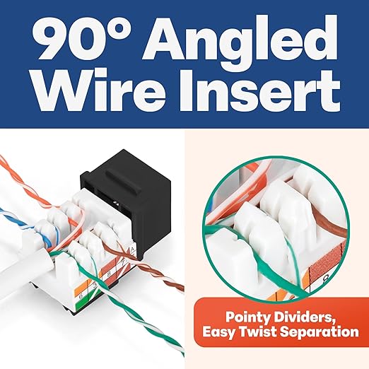 Everest 90° Angled RJ45 Cat5e Keystone Jacks 20-Pack in Black - Slim Profile Female RJ45 Connectors - Cat 5e Keystone Jack - Compatible with 90° Angled Speed Termination Tool - easyJACK (B094WB91H3)