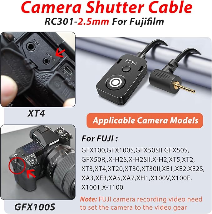 RS-60E3/RR100 for Canon/Fuji Remote Camera Cable Small Shutter Release Control 11.8inches Cable Remote Wired Button R100 R6 R8 R10 80D XT2/3/4/5 XH2S GFX100/S GFX50/S/II (RC301-2.5/E3 11.8in)