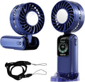 Blows Cold Air Portable Handheld Fan with Stand & Lanyard, 5000mAh USB-C Rechargeable Battery, 12H/5-Speed LED Display Mini Fan for Travel Beach Cruise Concerts Outdoor Events(Blue)