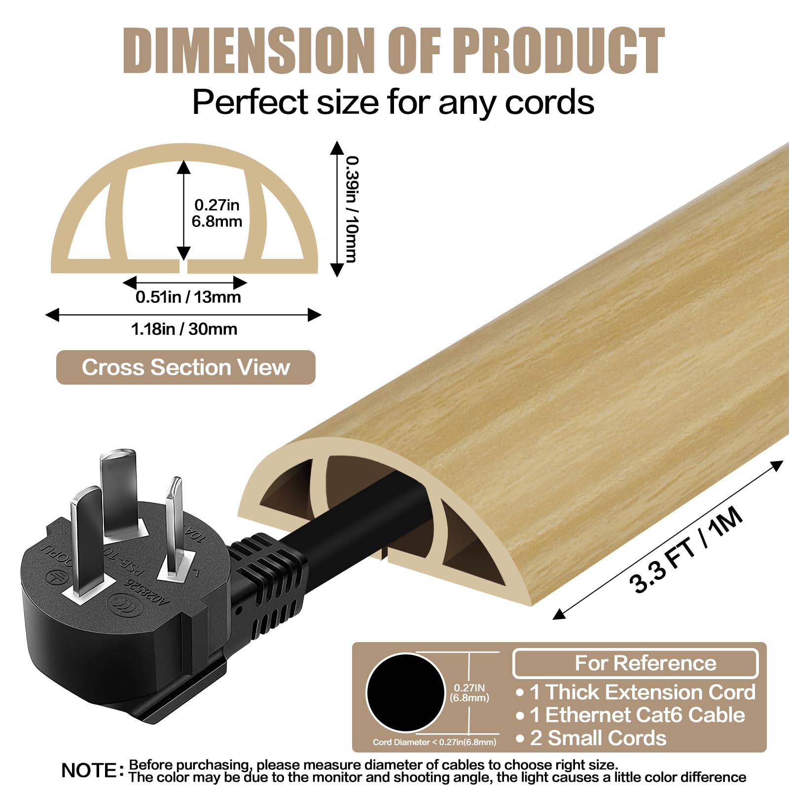 Floor Cord Cover Self Adhesive Cord Hider,3.3FT Cable Management, Extension Strip Protector for Wires, Prevent Cable Trips for Offices, Gyms, Exhibitions Cavity:0.39"(W) x0.27(H) WoodLightyellow