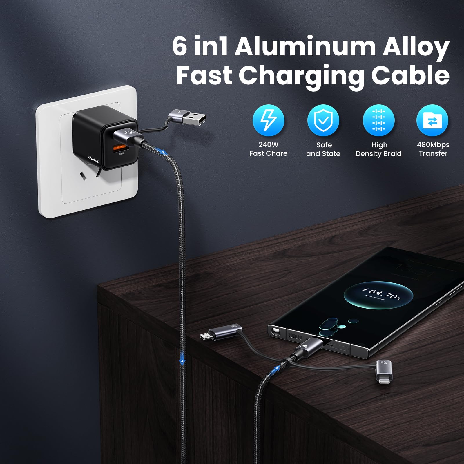 YOUSAMS 240W Multi Charging Cable, 6.6ft 6-in-1 USB C Cable Fast Charging Cords with USB-C/A Ports to IP/Type C/Micro Connectors for Pad/Cell Phones/Tablets/Laptop