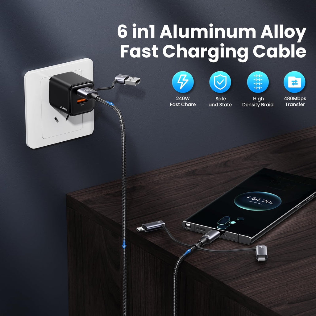 YOUSAMS 240W Multi Charging Cable, 4ft 6-in-1 USB C Cable Fast Charging Cords with USB-C/A Ports to IP/Type C/Micro Connectors for Pad/Cell Phones/Tablets/Laptop