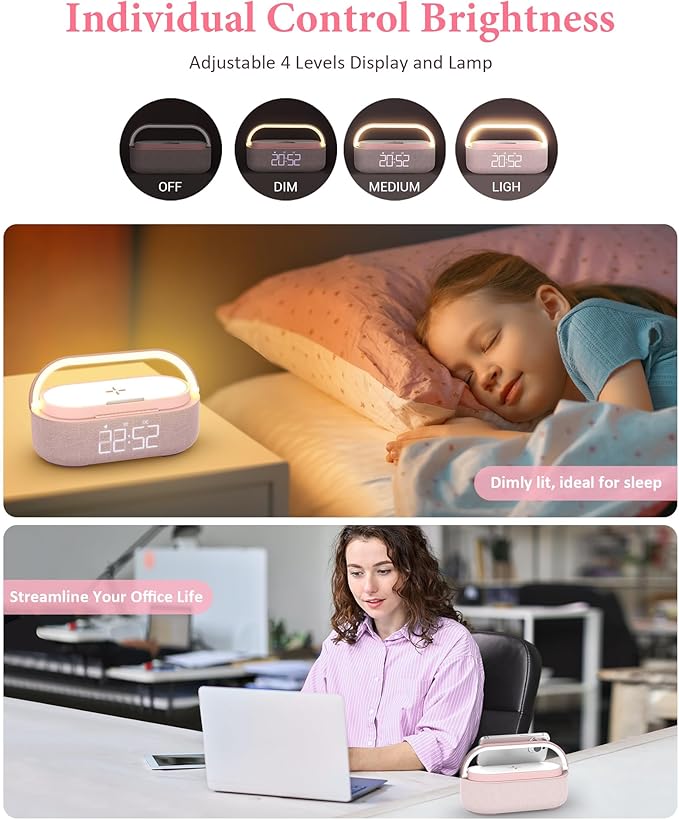 COLSUR Bluetooth Speaker with Wireless Charger, FM Radio, Dimmable LED Night Light, Dual Wireless Speakers, 2500mAh Portable Speaker for Home Decoration, Bedroom, Office, Gift