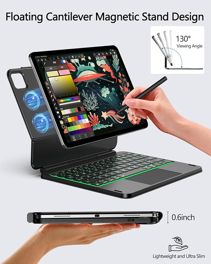 ORDA iPad Pro 11 Inch Case with Keyboard (M4/2024) iPad Pro Magic Keyboard with 7 Colors Backlight,Easy-Set Magnetic Stand,Precise Multi-Gesture Trackpad,Shortcut Keys,Ultra-Slim,On-The-Go Protection