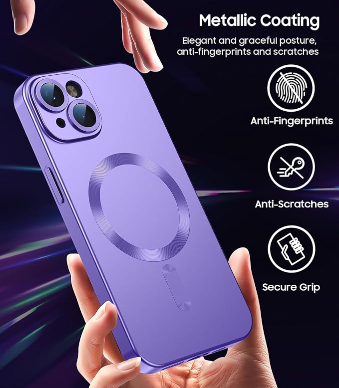 Magnetic for iPhone 15 Case [Compatible with MagSafe][Built-in Camera Lens Protector] Slim Soft Silicone Bumper Shockproof Metallic Shine Phone Case (Purple)