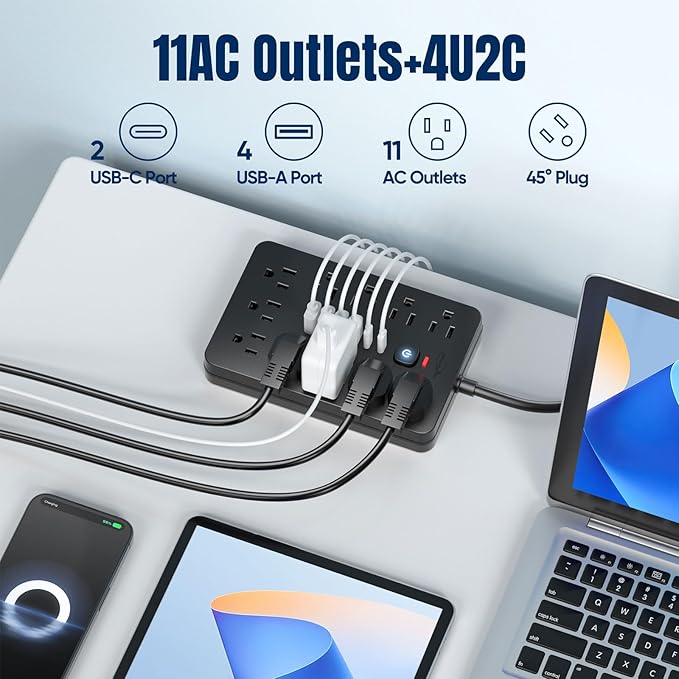10 FT Flat Plug Surge Protector Power Strip,11 Multiple AC Outlets with 6 USB Ports (2 USB C), 10 Feet Extension Cord, 1250W/10A, One Touch Switch Button, 17 in 1 Compact powerstrip