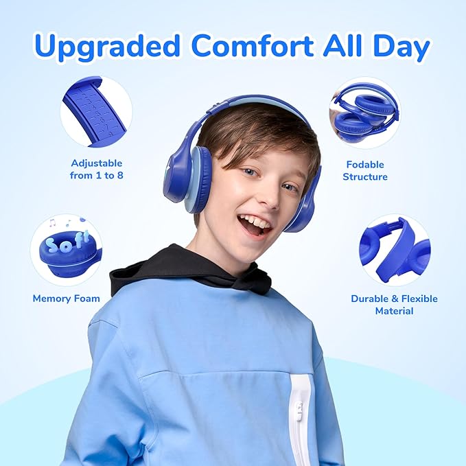 EarFun K4 Kids Bluetooth Headphones, Wireless Headphones with LED Lights, 74/85/94dBA Volume Limited, Built-in Mic, 90H Playtime, Bluetooth 5.4 Over Ear Headphone for iPad/Tablet/PC/School