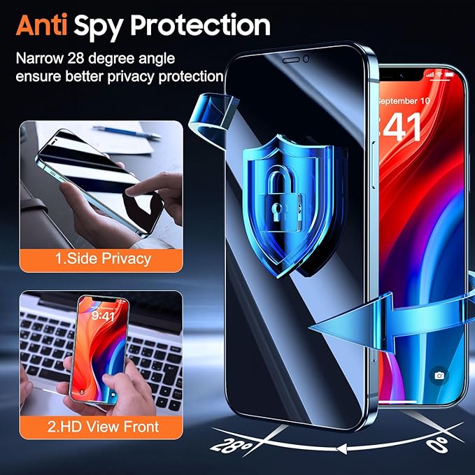 UniqueMe for iPhone 12 Pro Max Privacy Screen Protector - [Military Grade Shatterproof & 9H+ Hardness] Screen Protector 12 Pro Max Tempered Glass Full Coverage Protection, Easy to install, 2 Packs